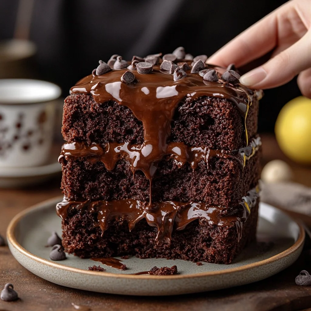 Sour cream chocolate loaf cake with chocolate glaze on a wooden table