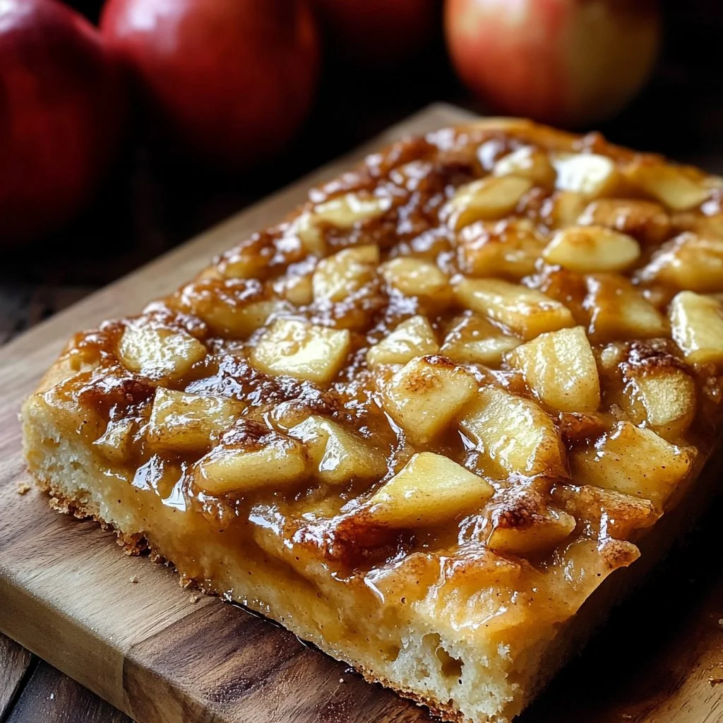 Sourdough apple fritter focaccia topped with apples and drizzled with glaze
