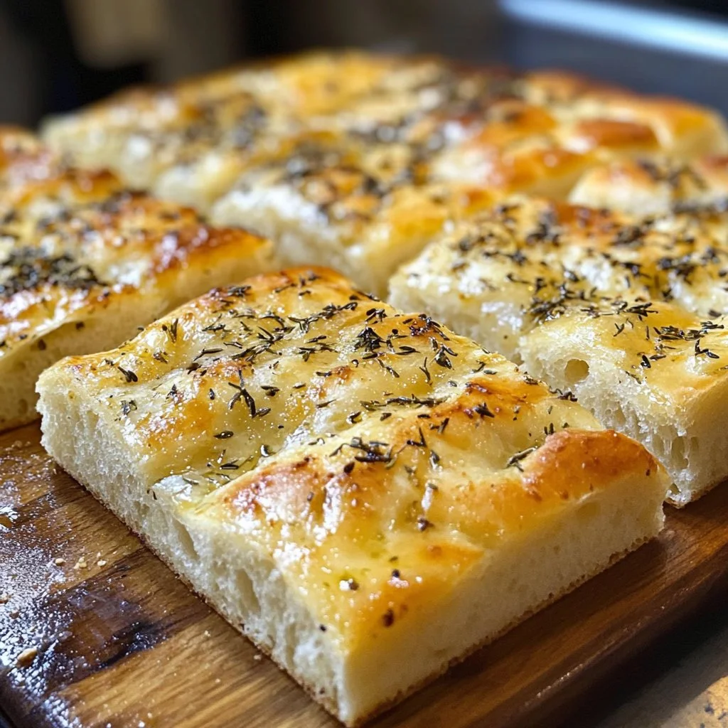 Freshly baked sourdough focaccia topped with herbs and olive oil