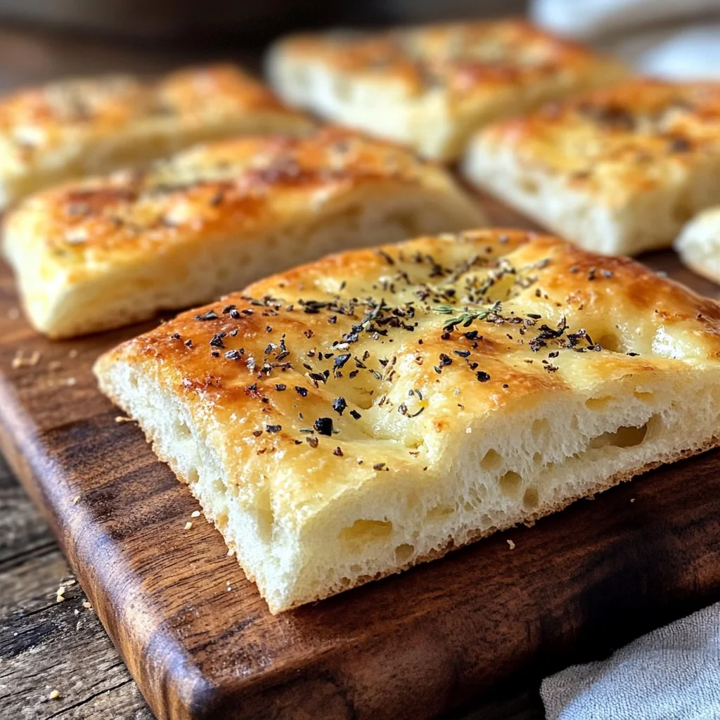 Freshly baked sourdough focaccia topped with herbs and olive oil