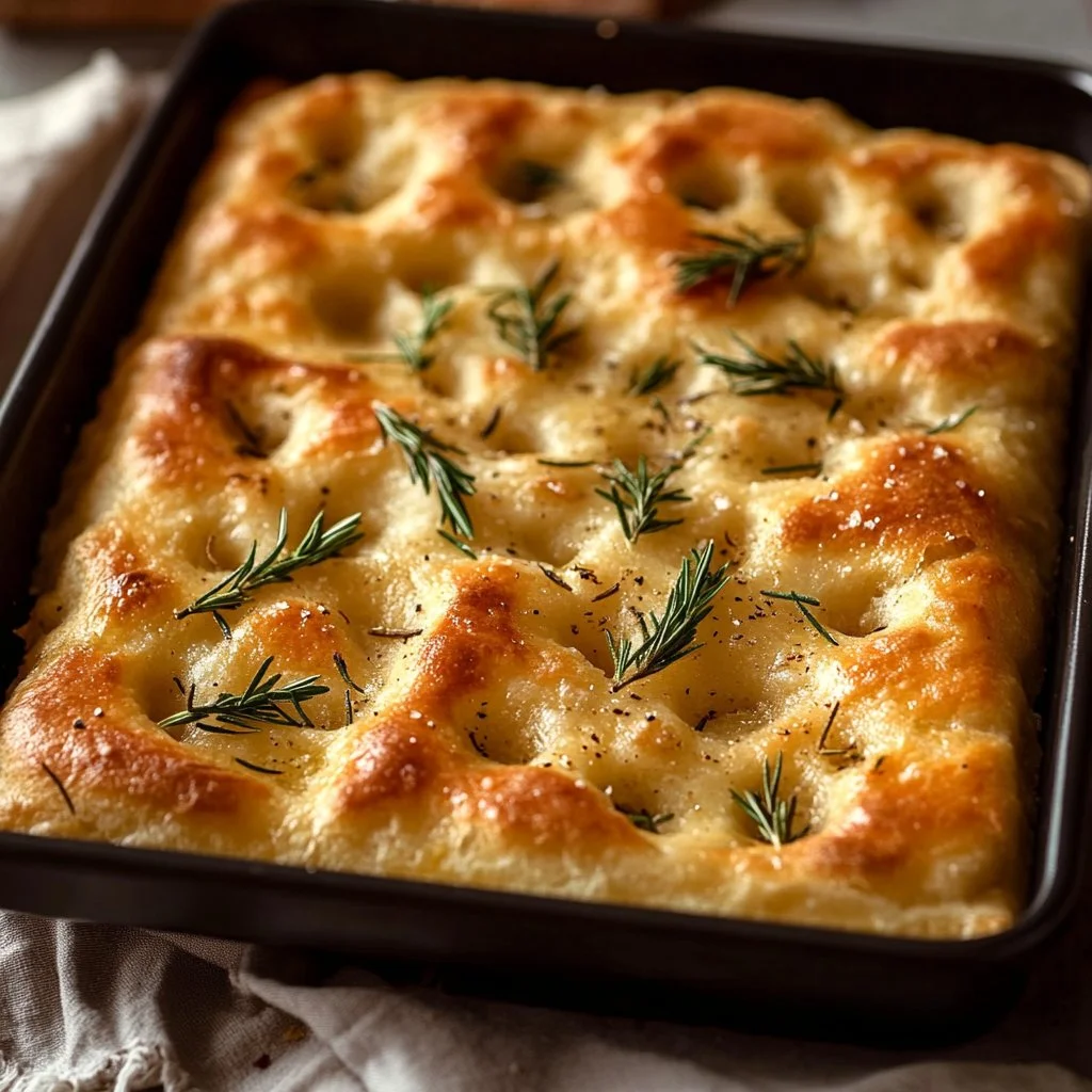 Delicious homemade sourdough discard focaccia bread with herbs and olive oil