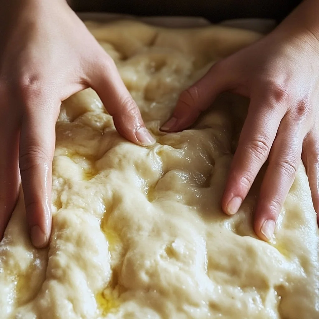 Homemade sourdough focaccia bread fresh out of the oven, topped with herbs.
