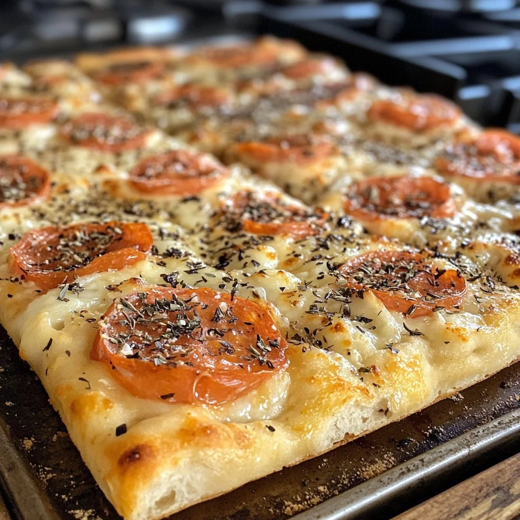 Delicious sourdough focaccia pizza topped with fresh ingredients.