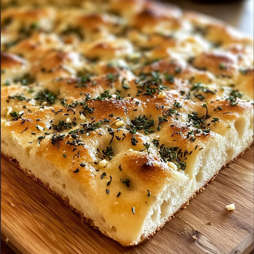 Homemade sourdough focaccia topped with garlic and fresh herbs