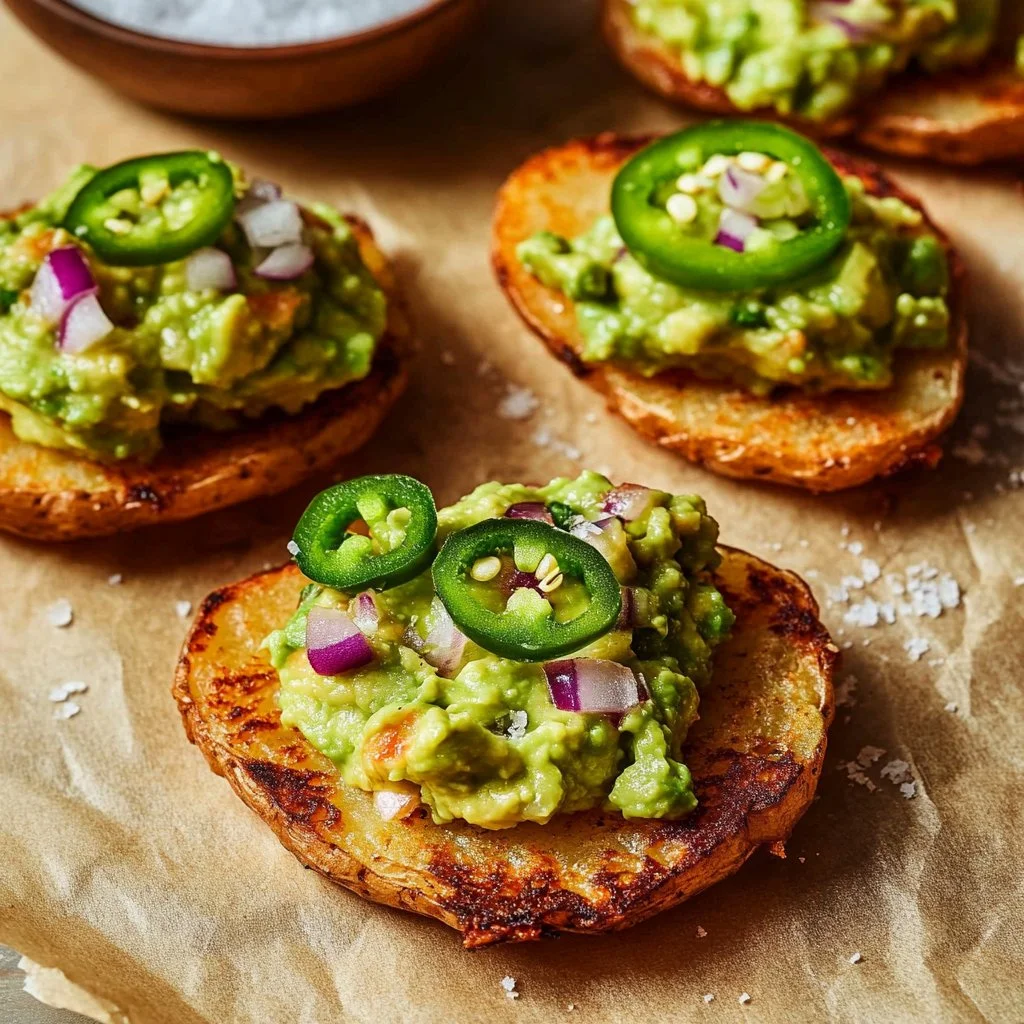 Spicy smashed avocado hash brown toasts topped with fresh herbs