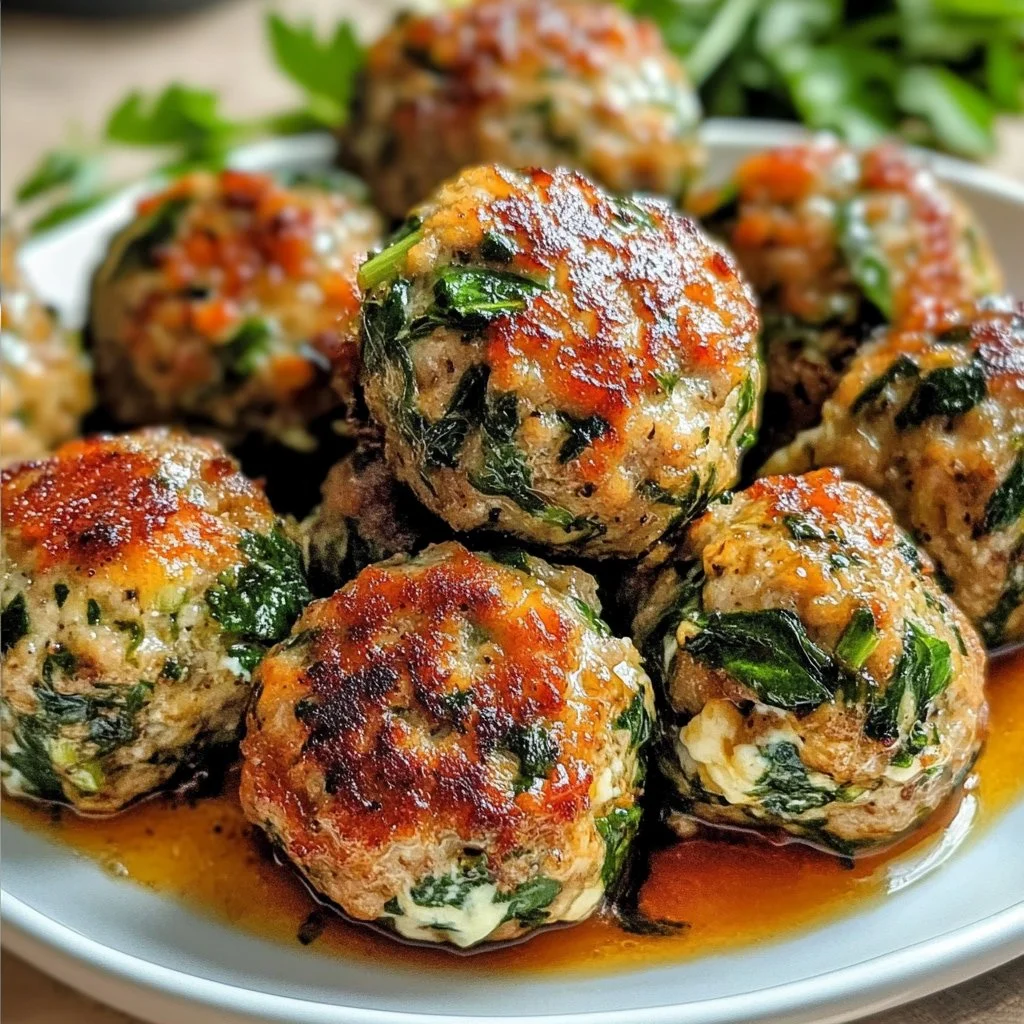 Plate of spinach garlic meatballs cooked to perfection