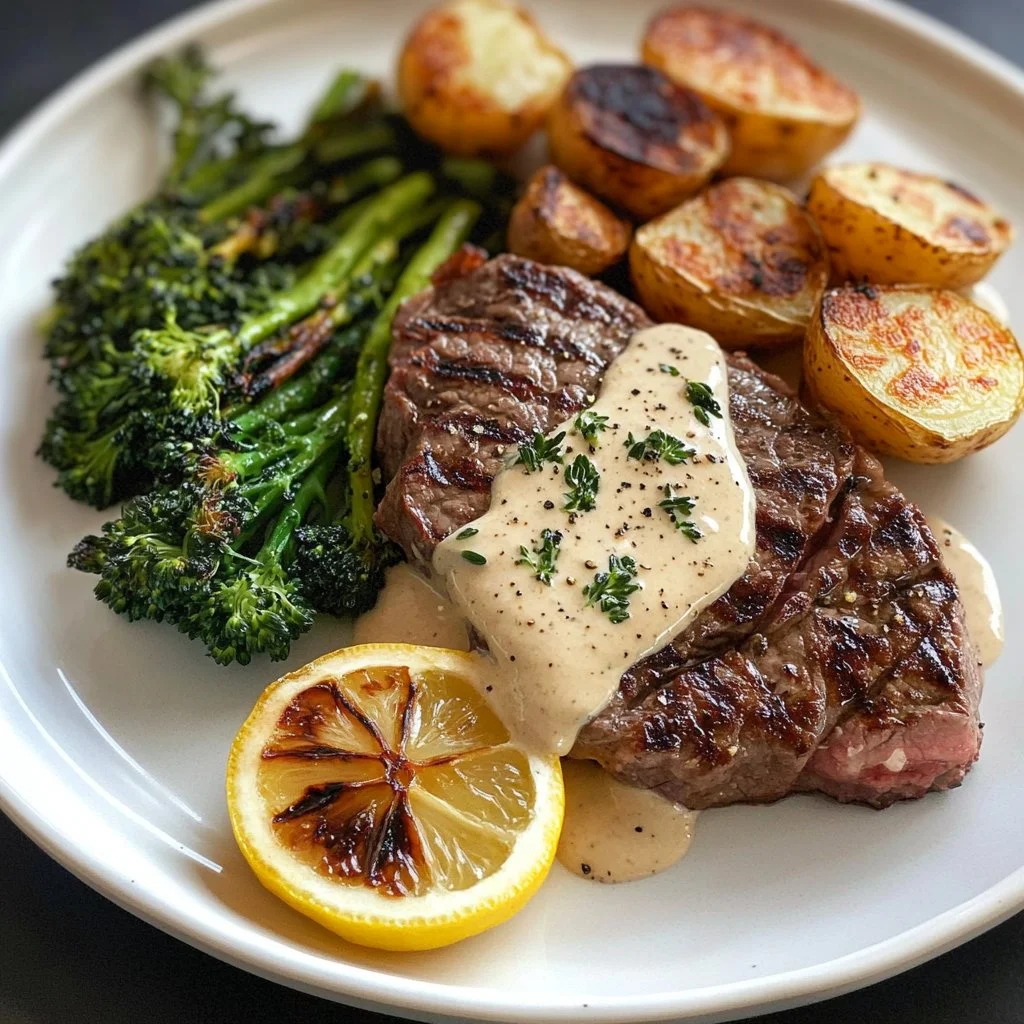 Steak and potatoes served with creamy roasted garlic sauce on a plate