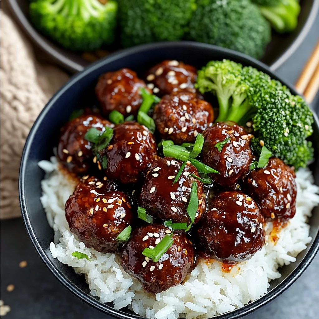 Delicious sticky Mongolian beef meatballs served on a white platter.