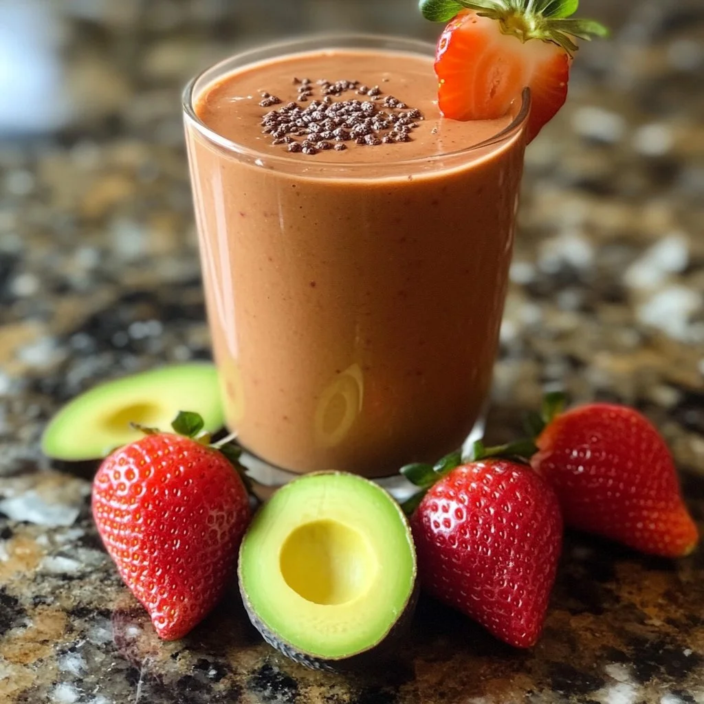 Delicious strawberry avocado smoothie in a glass with fresh strawberries and avocado slices.