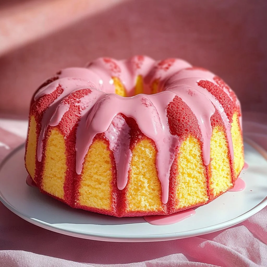 Slice of Strawberry Milkshake Pound Cake with fresh strawberries and whipped cream