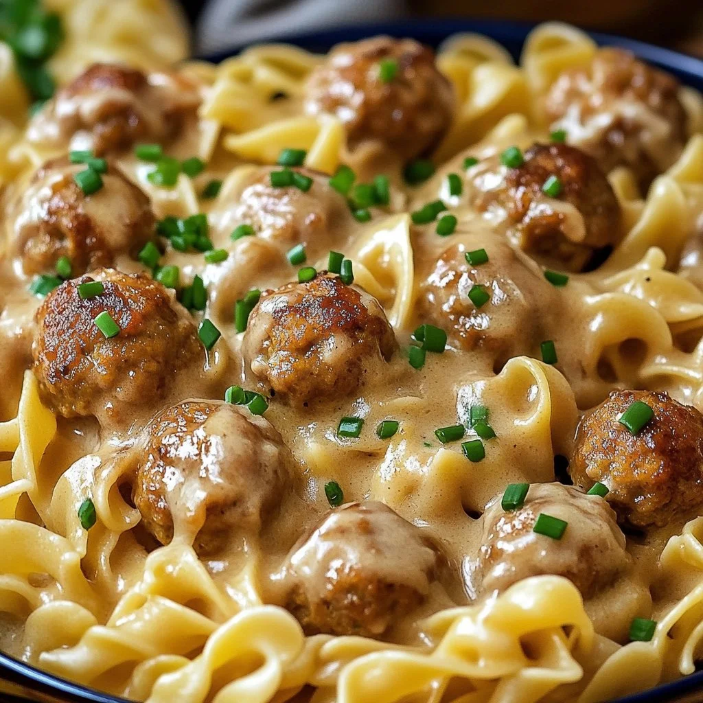 Delicious Swedish meatball noodle bake served in a casserole dish.