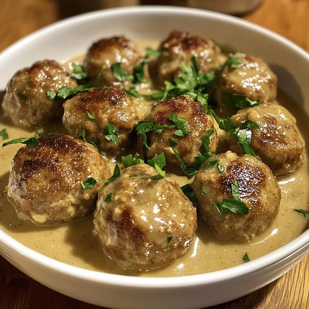 Plate of homemade Swedish Meatballs served with creamy sauce and lingonberry jam