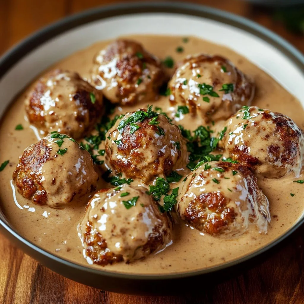 Delicious Swedish meatballs served with creamy sauce on a plate