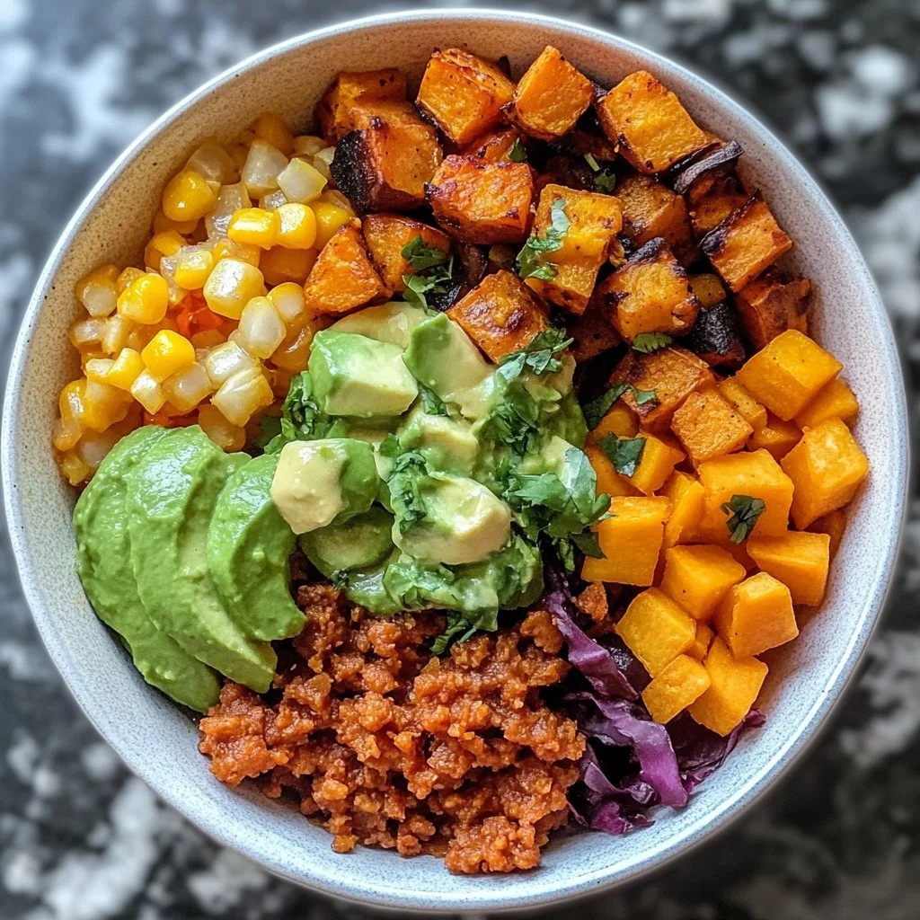 Delicious sweet potato taco bowl filled with fresh ingredients and toppings.