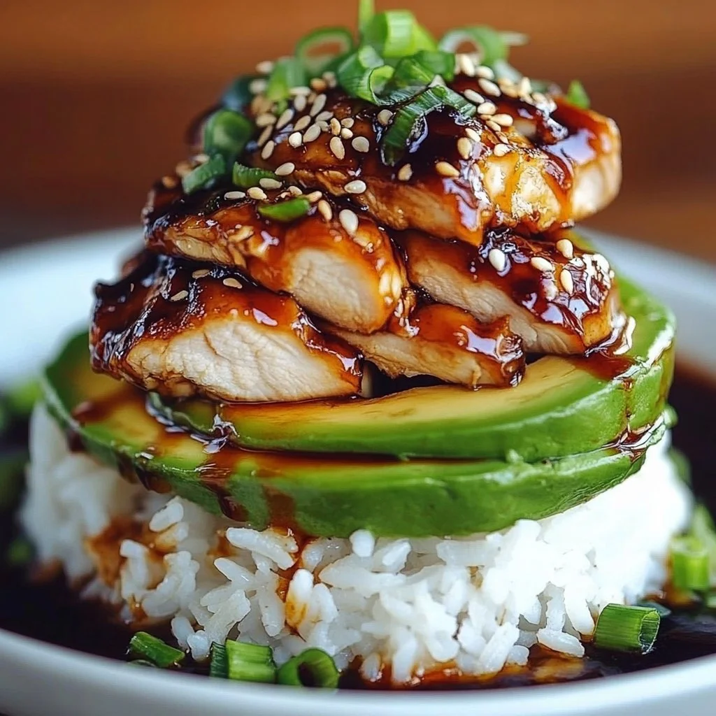 Delicious Teriyaki Chicken over avocado rice garnished with fresh vegetables