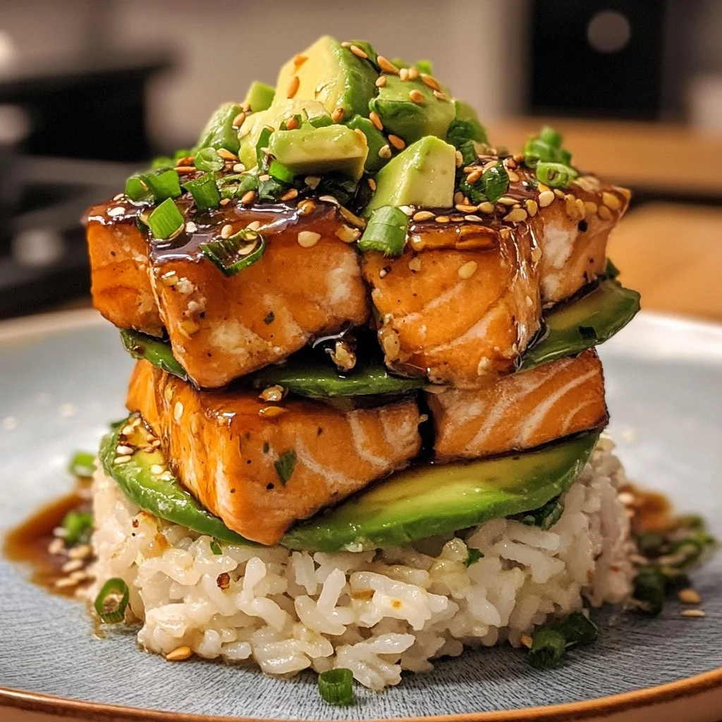 Delicious Teriyaki Salmon Avocado Rice Stack ready to be served.