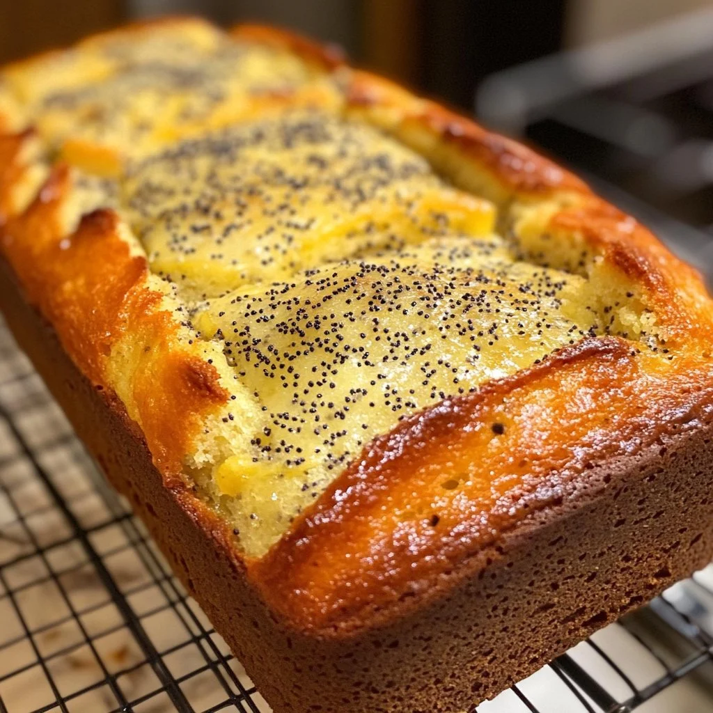 Moist and zesty lemon poppy seed loaf cake slice on a plate