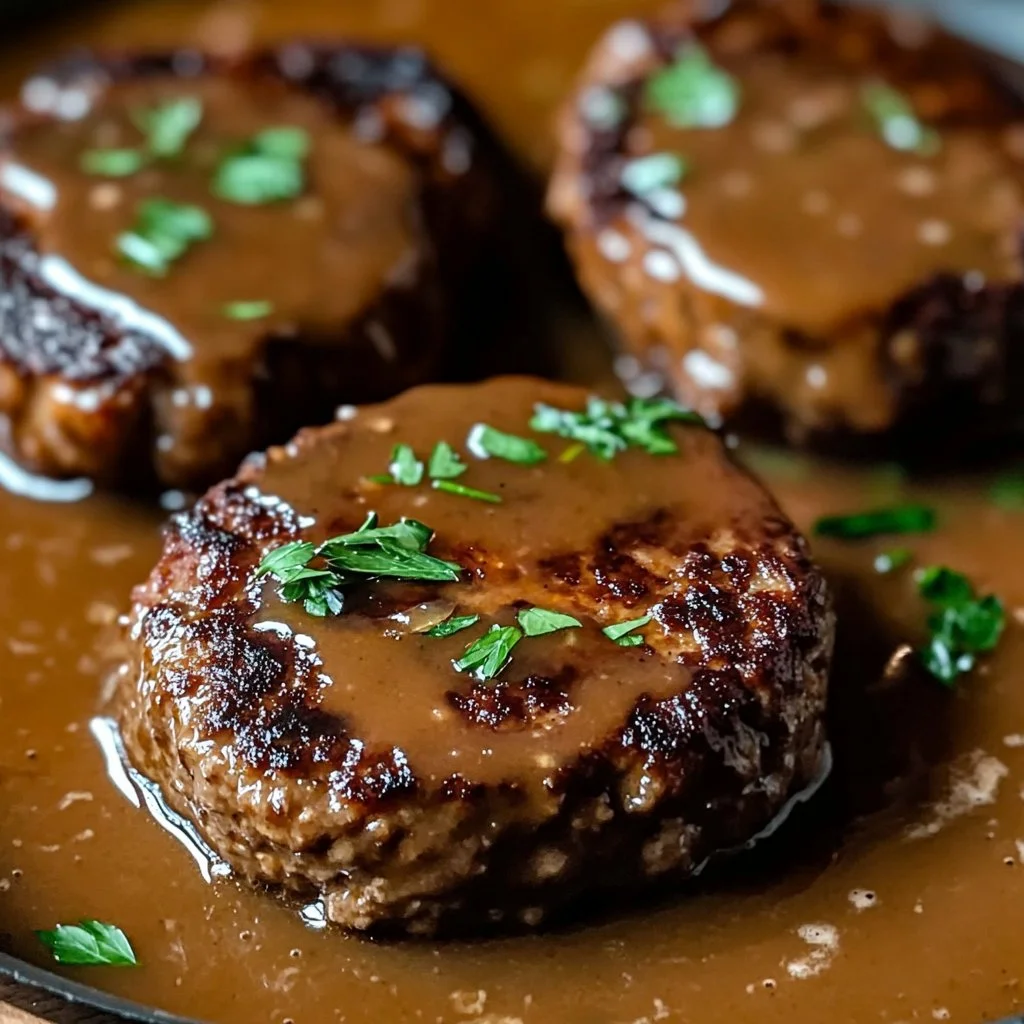 Delicious homemade Salisbury steak served with gravy and mashed potatoes