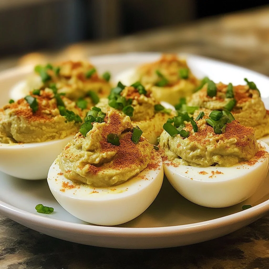 Tuna Avocado Deviled Eggs garnished with herbs on a plate