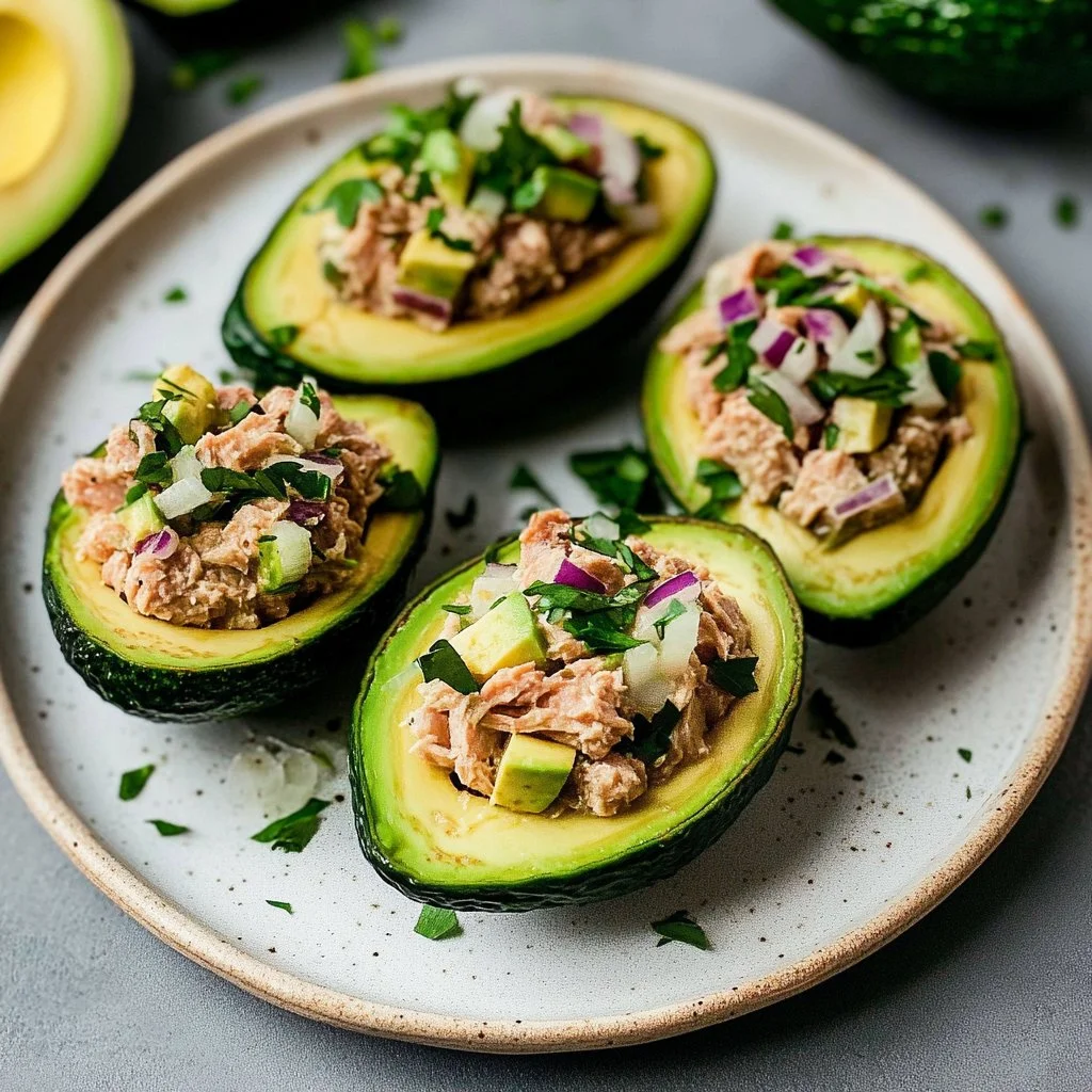 Delicious tuna stuffed avocados topped with fresh herbs and spices.
