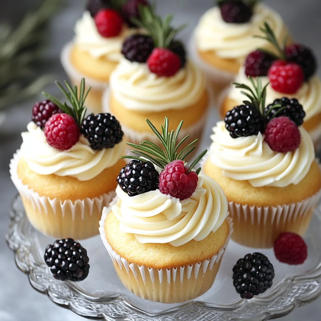 Vanilla cupcakes topped with fresh berries, a delicious dessert treat.