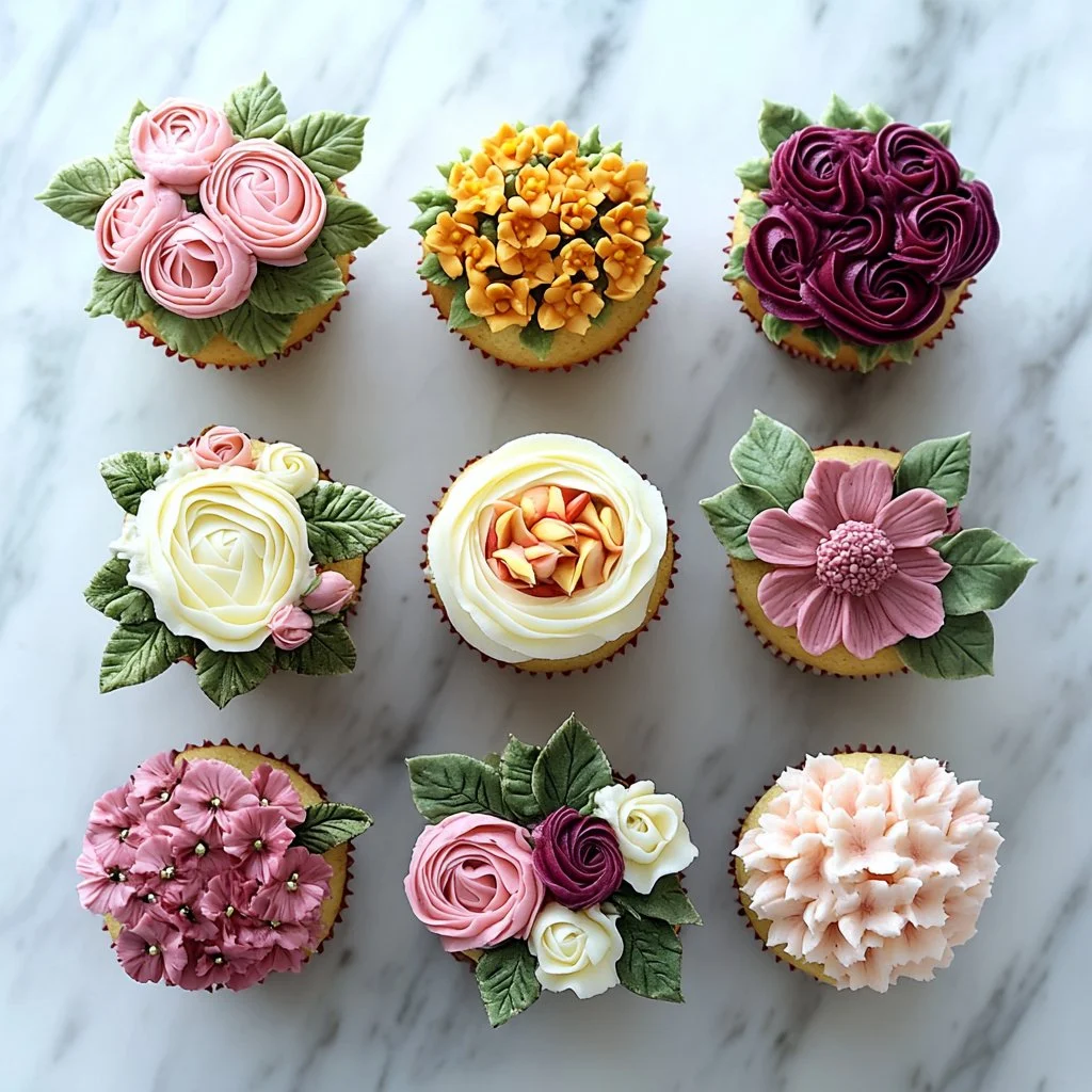 Vanilla cupcakes topped with colorful buttercream flowers