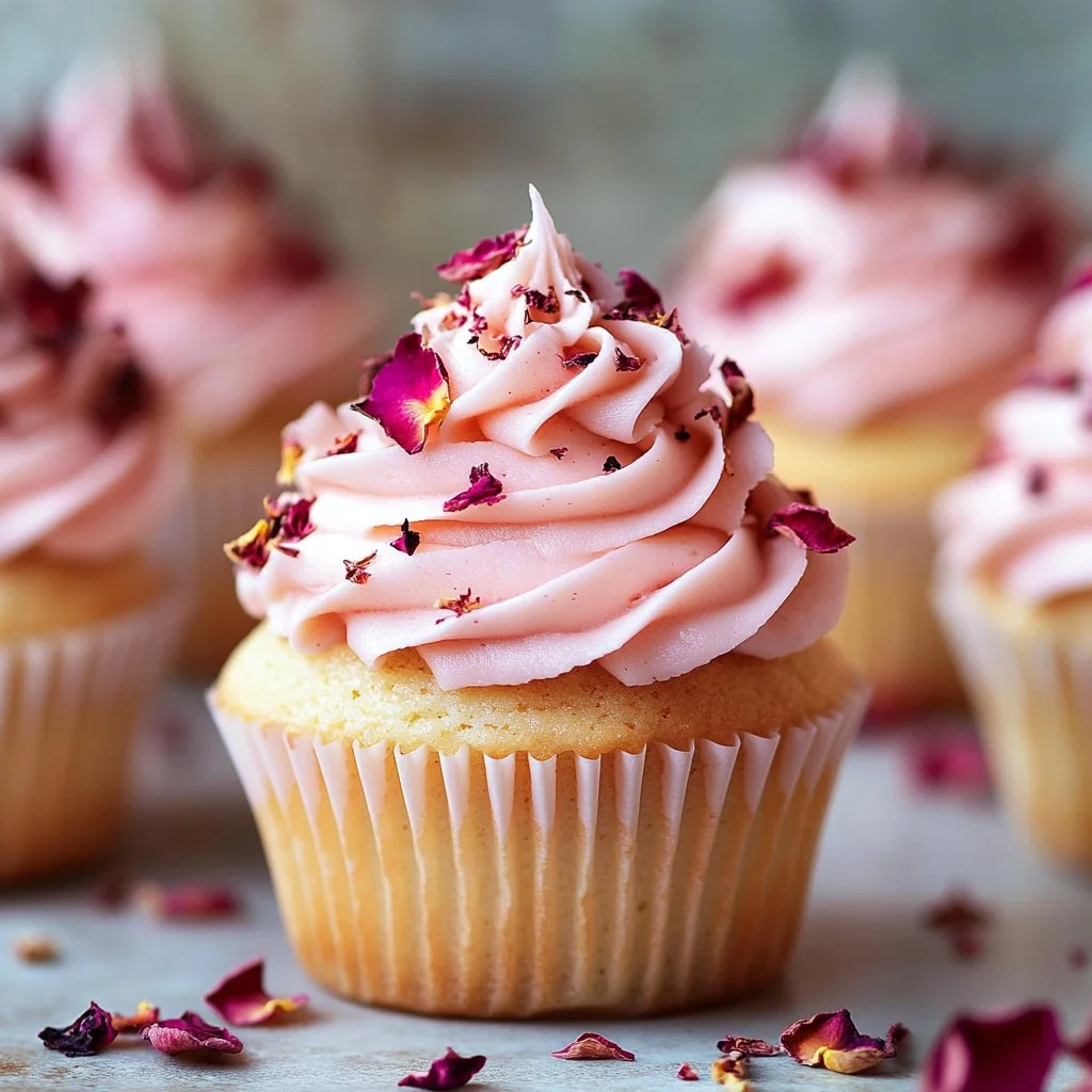 Delicious Vanilla Rose Cupcakes topped with rose petal frosting