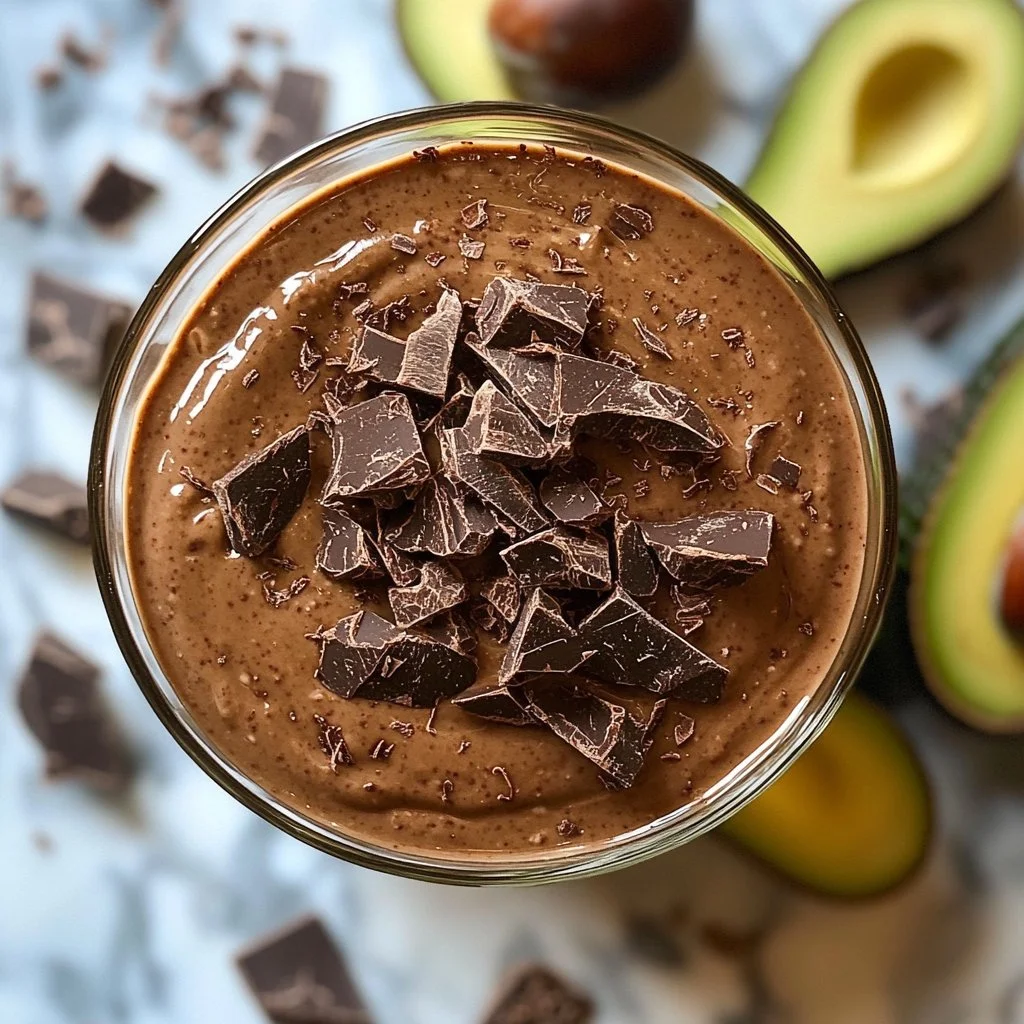 Vegan avocado chocolate pudding in a bowl with toppings