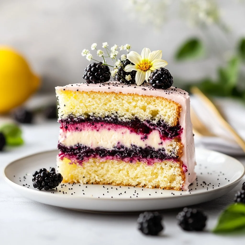 Vegan lemon poppy seed layer cake with fresh lemon zest and poppy seeds