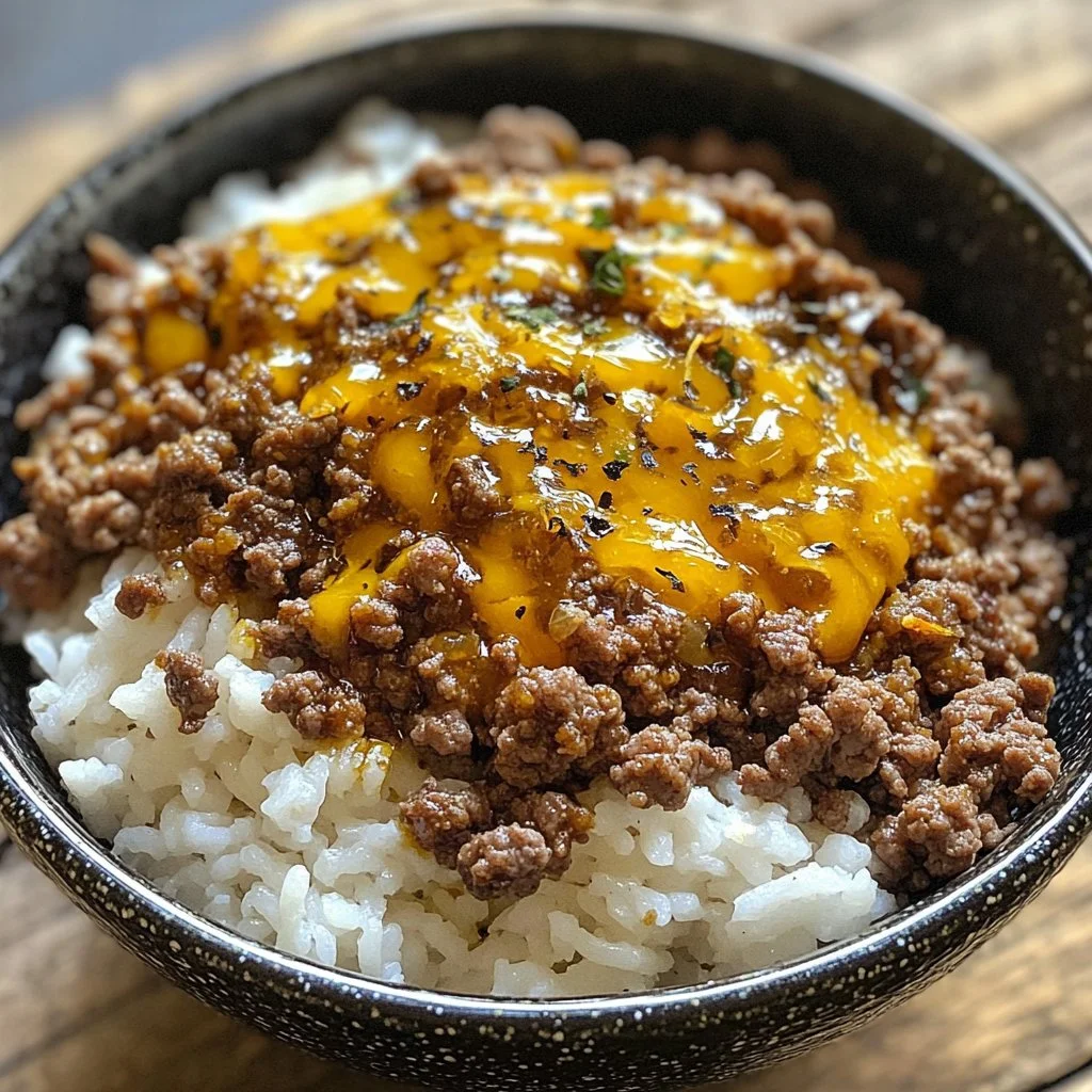 Delicious Ground Beef Hot Honey Bowl garnished with fresh herbs and vegetables