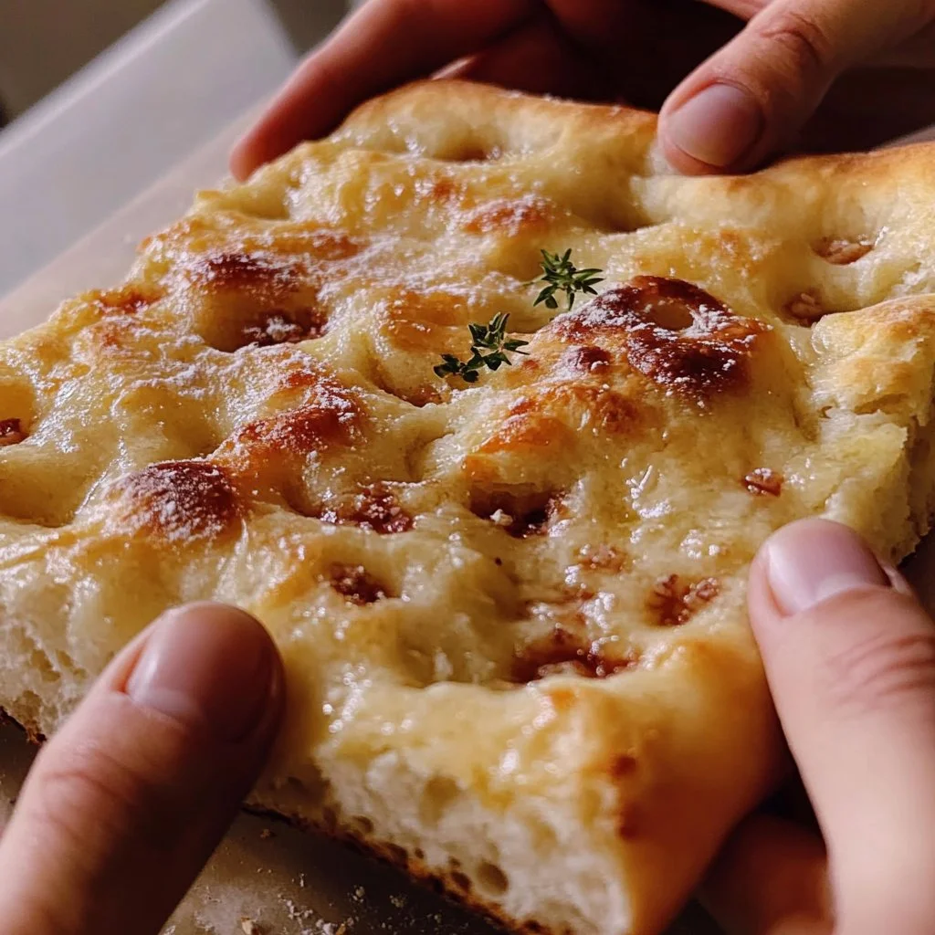 Delicious homemade focaccia bread with fresh herbs and toppings