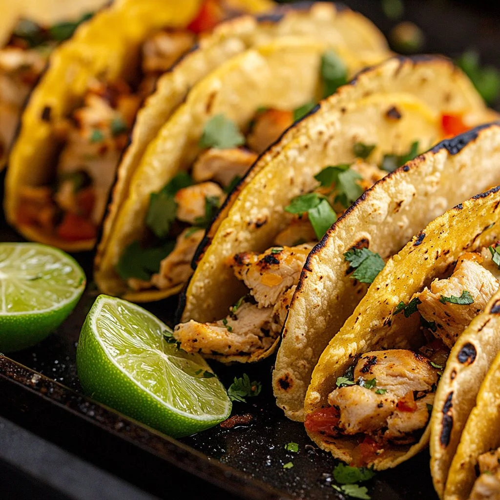 Delicious baked chicken tacos topped with fresh ingredients.