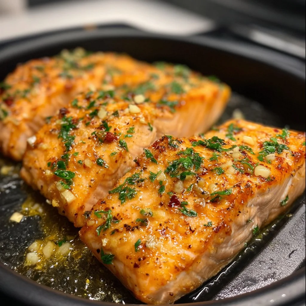 Delicious air fryer honey garlic salmon bites garnished and served on a plate