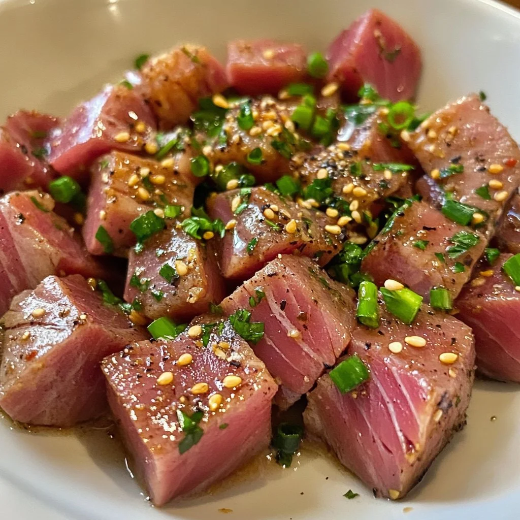 Delicious tuna steak marinated for 5 minutes, ready to grill.