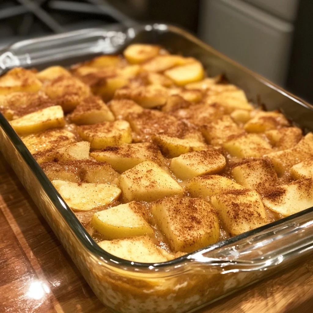 Delicious apple cinnamon cottage cheese bake topped with cinnamon and apples