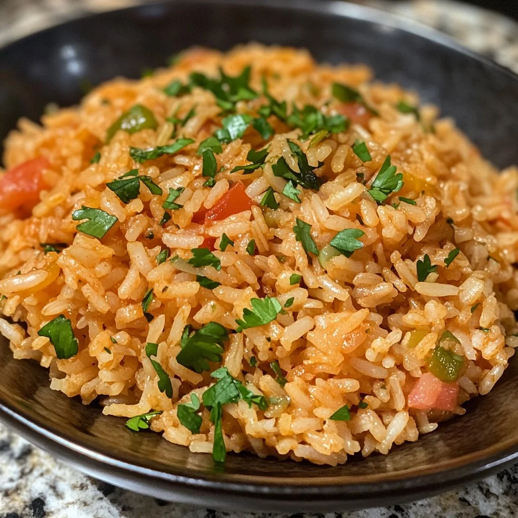 Bowl of authentic Mexican rice served with fresh cilantro and lime.