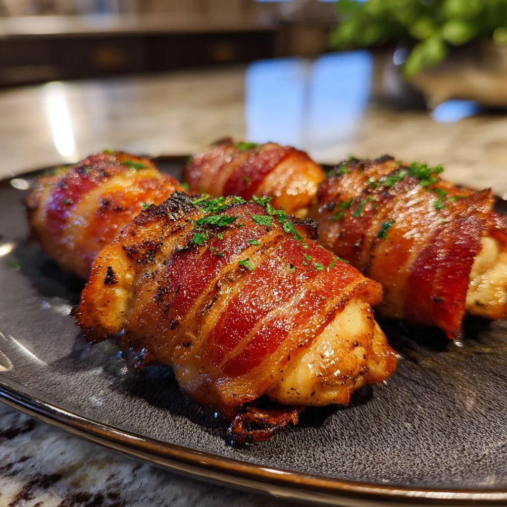 Bacon-wrapped chicken breast garnished with herbs on a plate