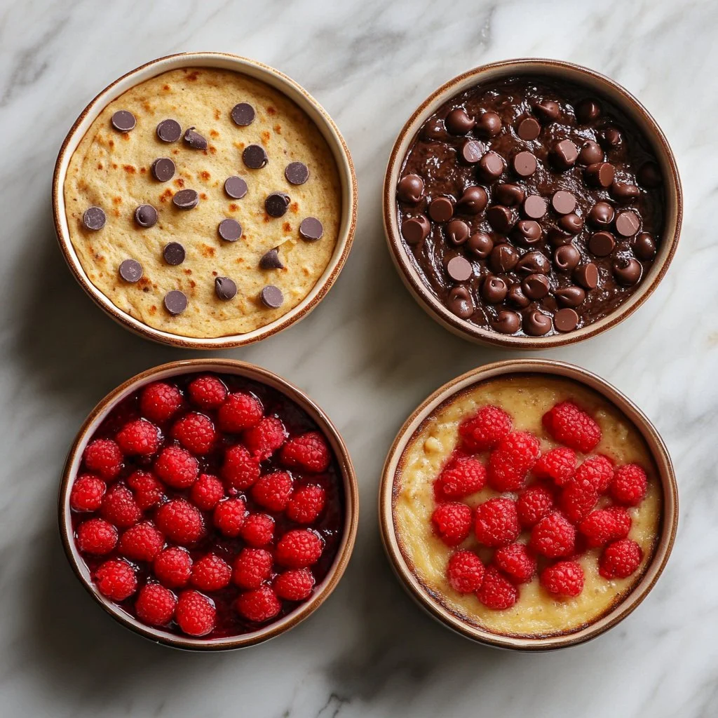 Baked protein pancake bowls topped with fresh fruits and nuts.