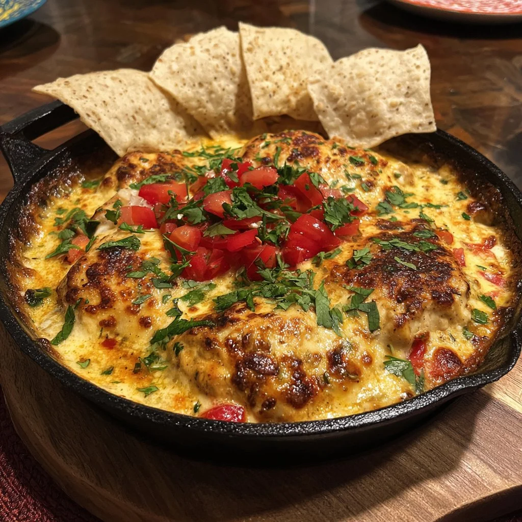 Baked queso chicken topped with melted cheese and spices