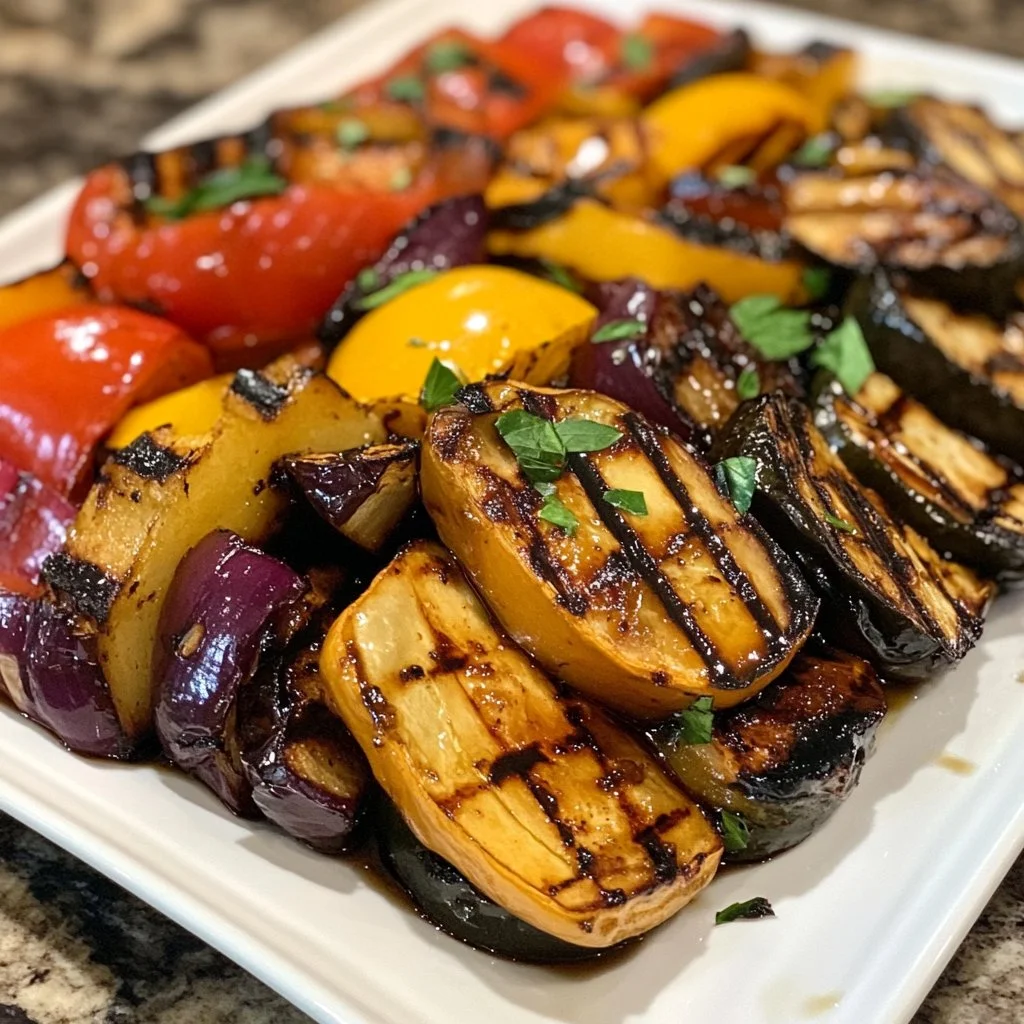 Balsamic grilled vegetables on a platter, showcasing vibrant colors and textures.