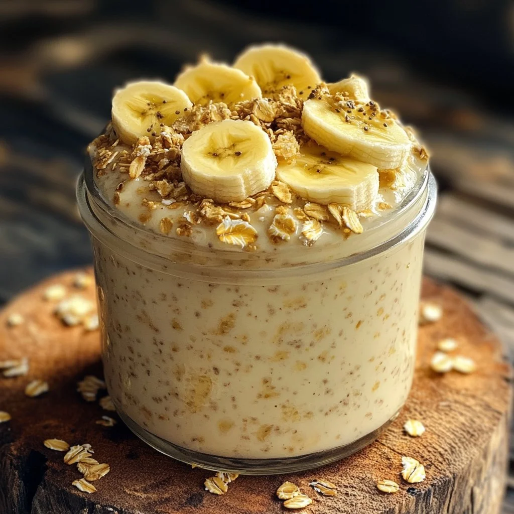 Banana Cream Pie Overnight Oats in a serving bowl topped with banana slices