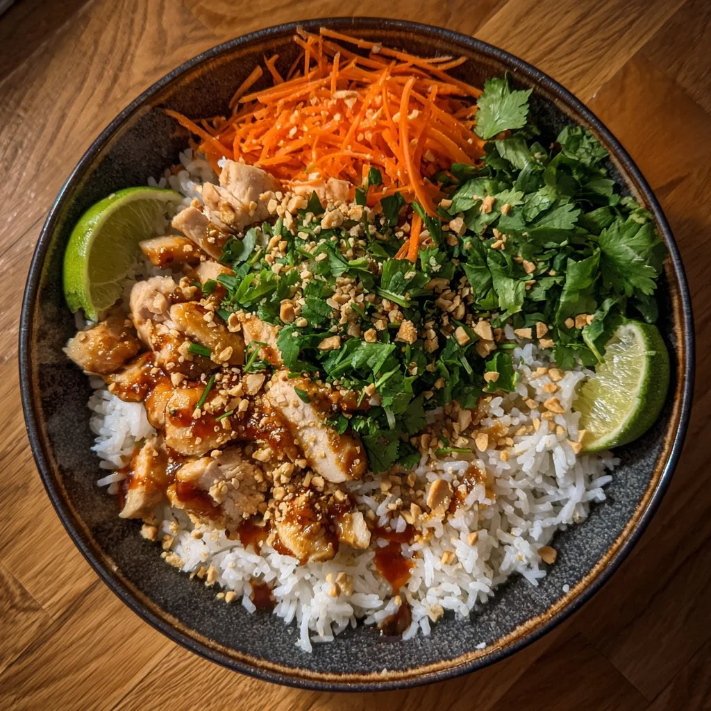 Delicious Bang Bang Chicken Bowl with spicy sauce and fresh ingredients