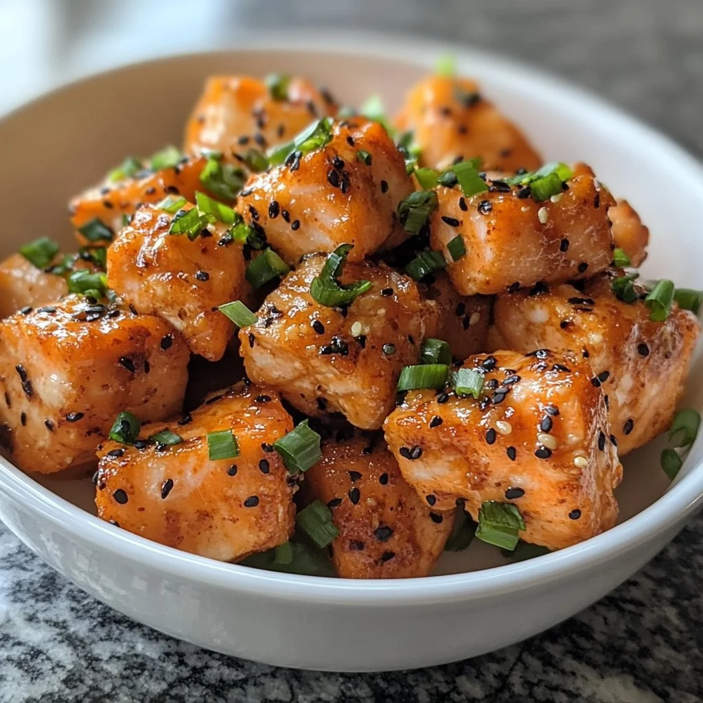 Bang Bang Salmon Bites served with spicy sauce and garnishes