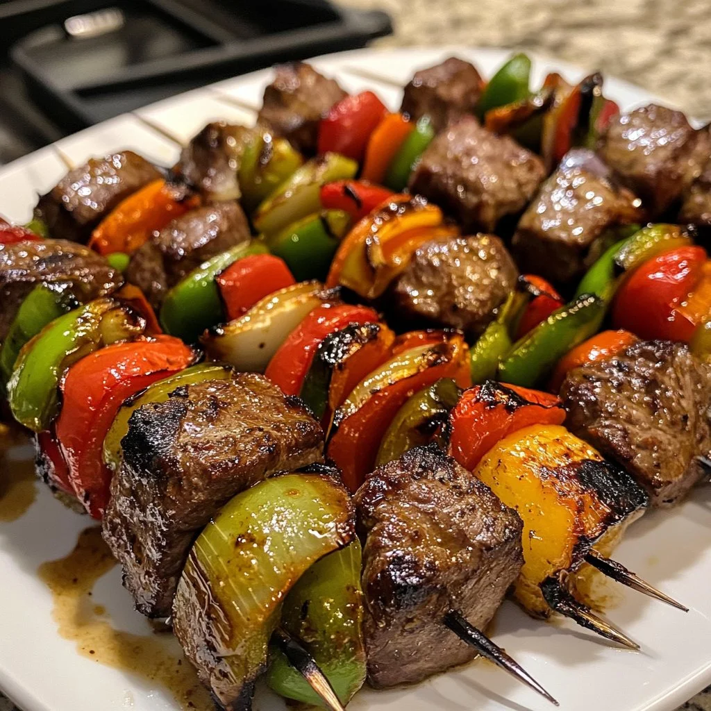 Grilled Beef Shish Kabob with colorful vegetables and spices on skewers.