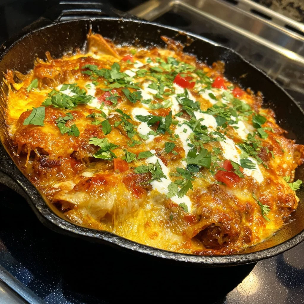 Delicious beef enchiladas skillet recipe topped with cheese and fresh ingredients.