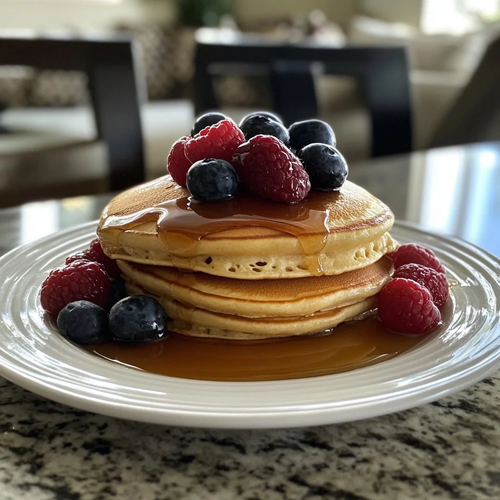 Stack of fluffy homemade pancakes with syrup and berries