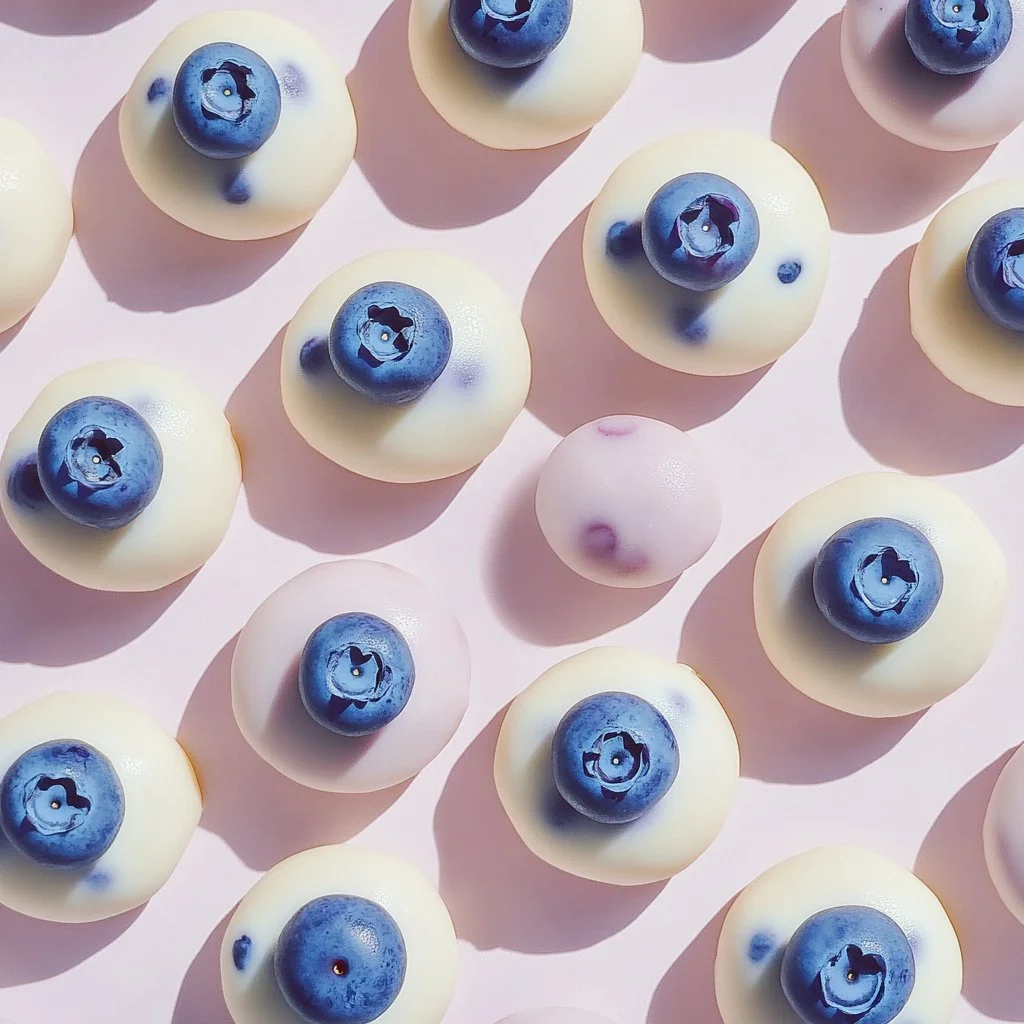 Blueberry cheesecake protein bites on a white plate garnished with blueberries