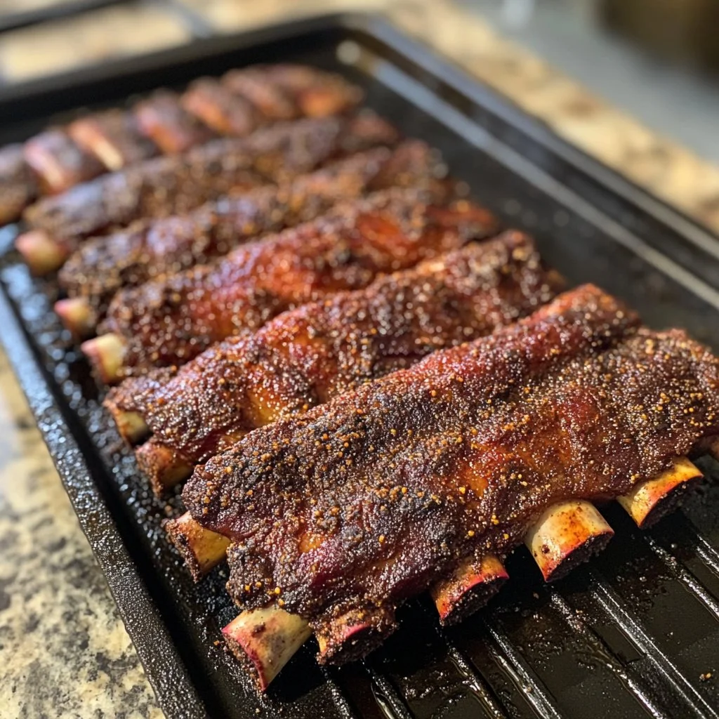 Bobby Flay's dry rub ribs garnished and ready to serve.