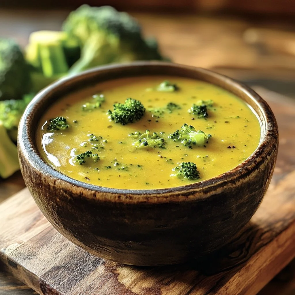 Creamy Broccoli Cheddar Soup in a bowl, garnished with fresh broccoli florets.