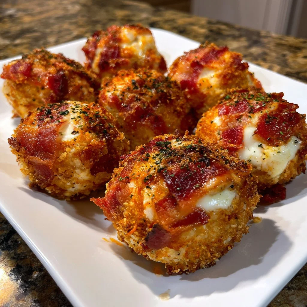 Buffalo Chicken Bacon Mozzarella Bombs ready to eat on a platter